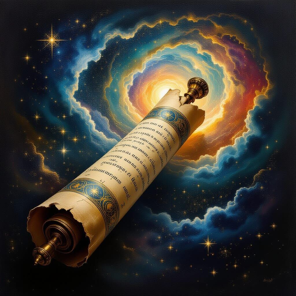 Ancient Scroll Reveals Cosmic Prophecies in Dark Fantasy Oil...