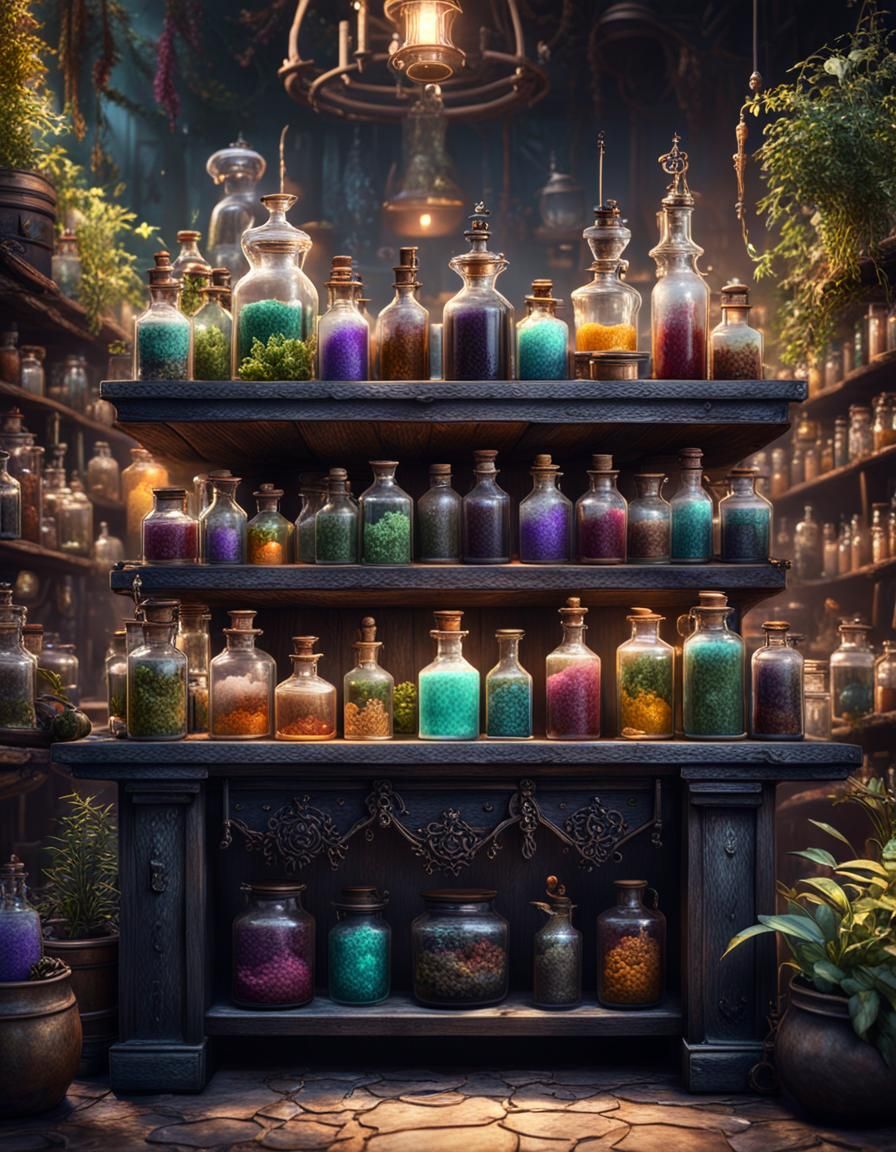 Detailed Black Magic Apothecary with Colorful Potions