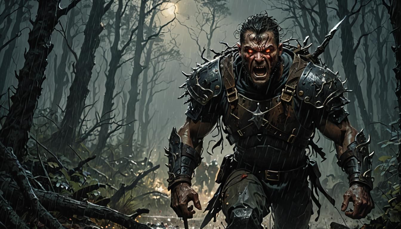 Tormented Warrior Runs Through Stormy Forest in Dark Fantasy...