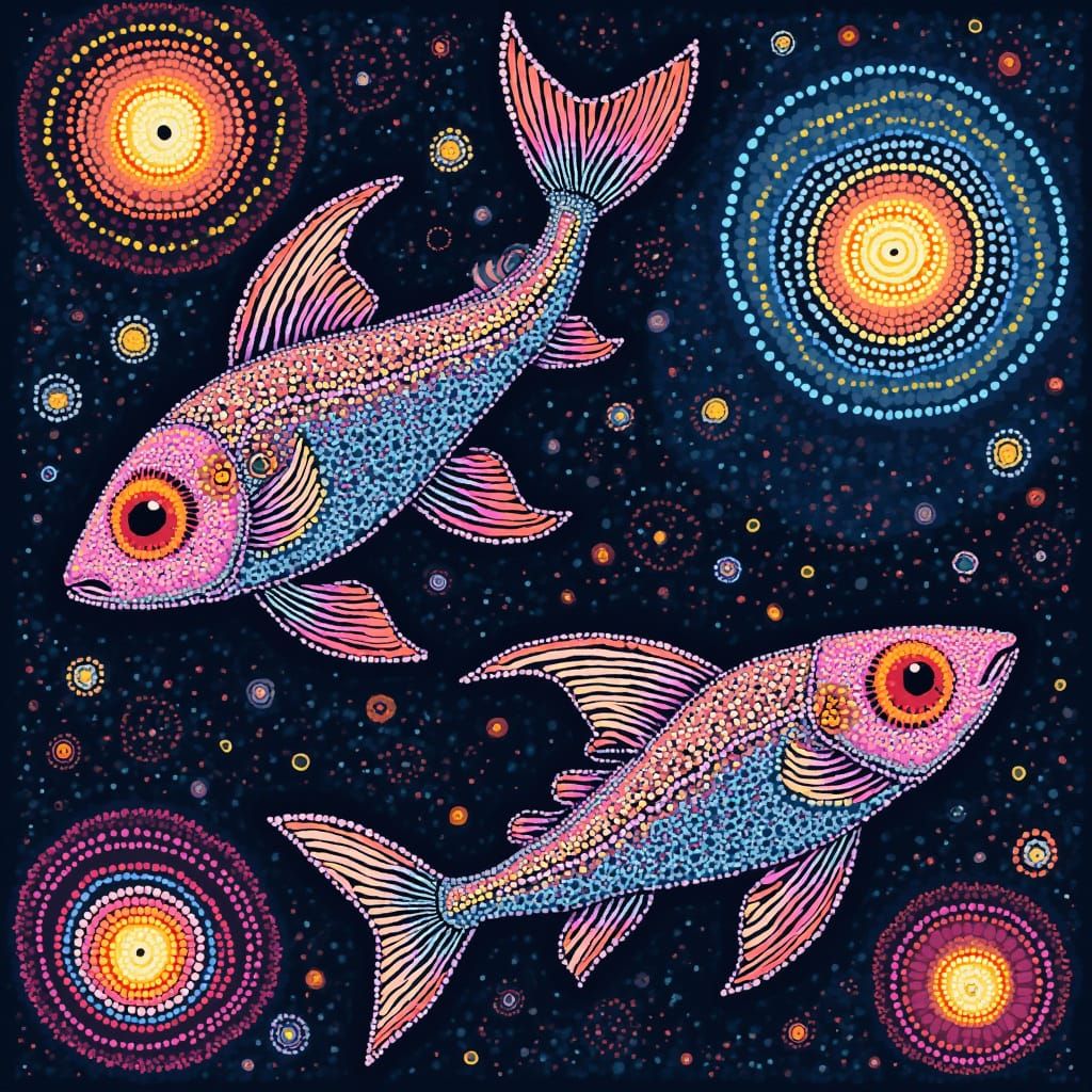 Vibrant Aboriginal Dot Art Fish in Cosmic Vortexes