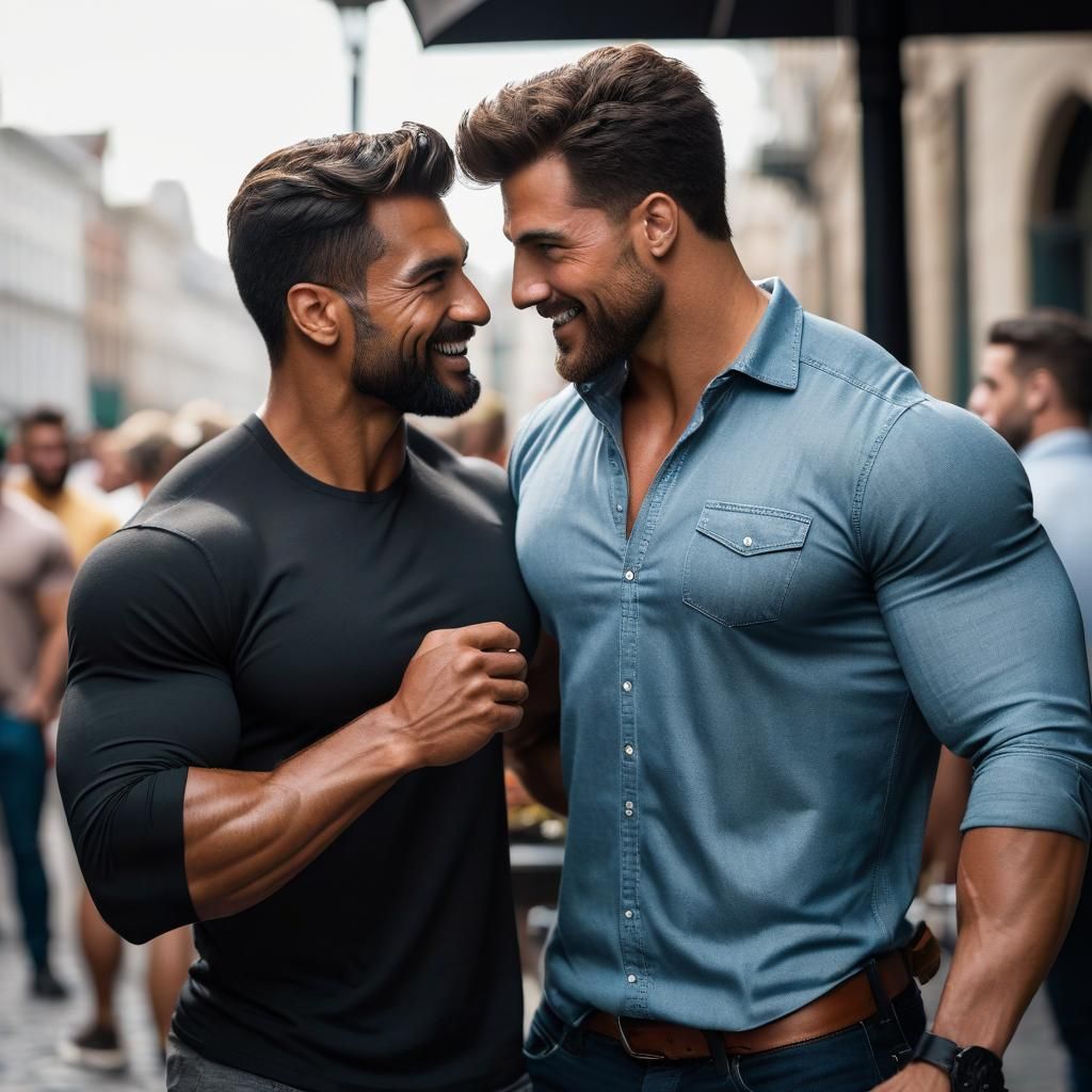Muscular Men Meet at Party: Street Photography