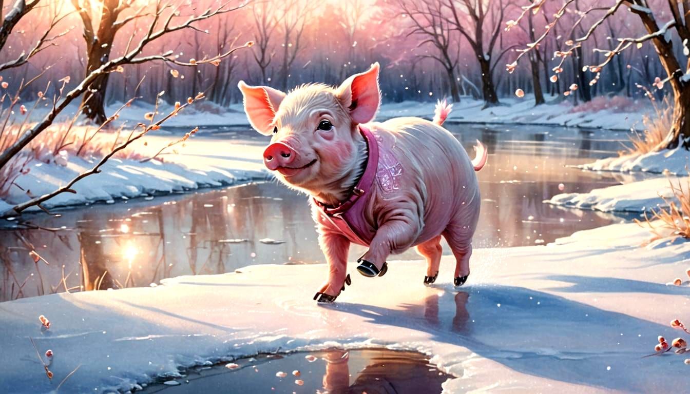 Piglet Ice Skating on a Frozen Pond