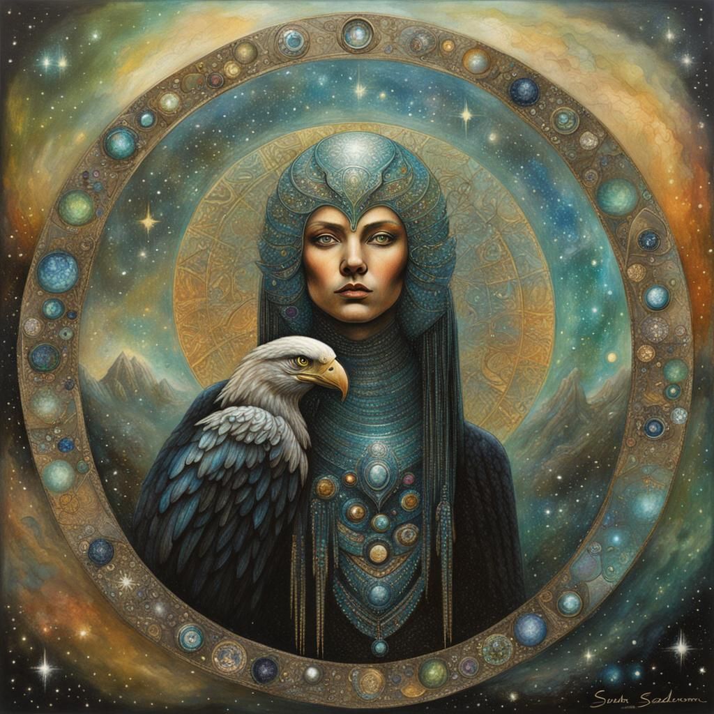 Starlight Oasis: Bejeweled Galactic Woman-Eagle