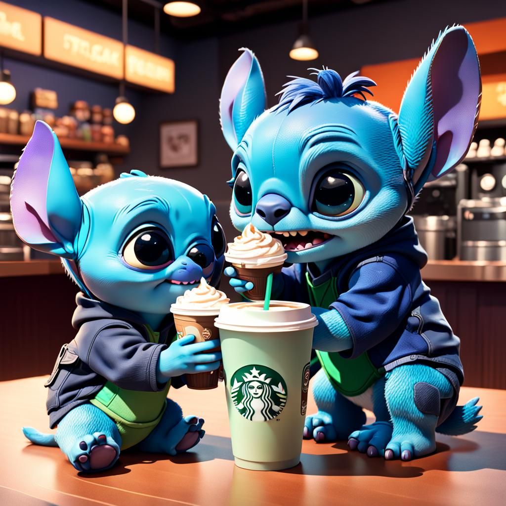 Stitch and Grogu at Starbucks: 3D Digital Art