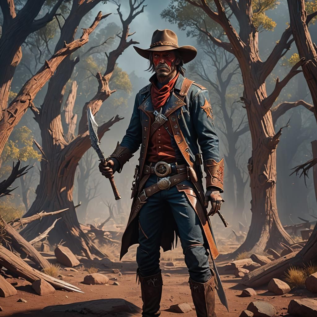 Cowboy with Bowie Knife and Tomahawk