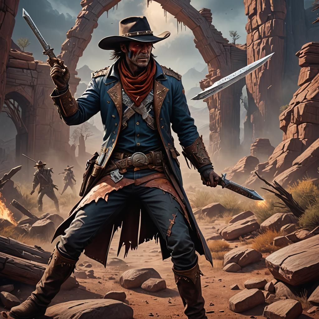 Cowboy with Bowie Knife and Tomahawk: Detailed Matte Paintin...