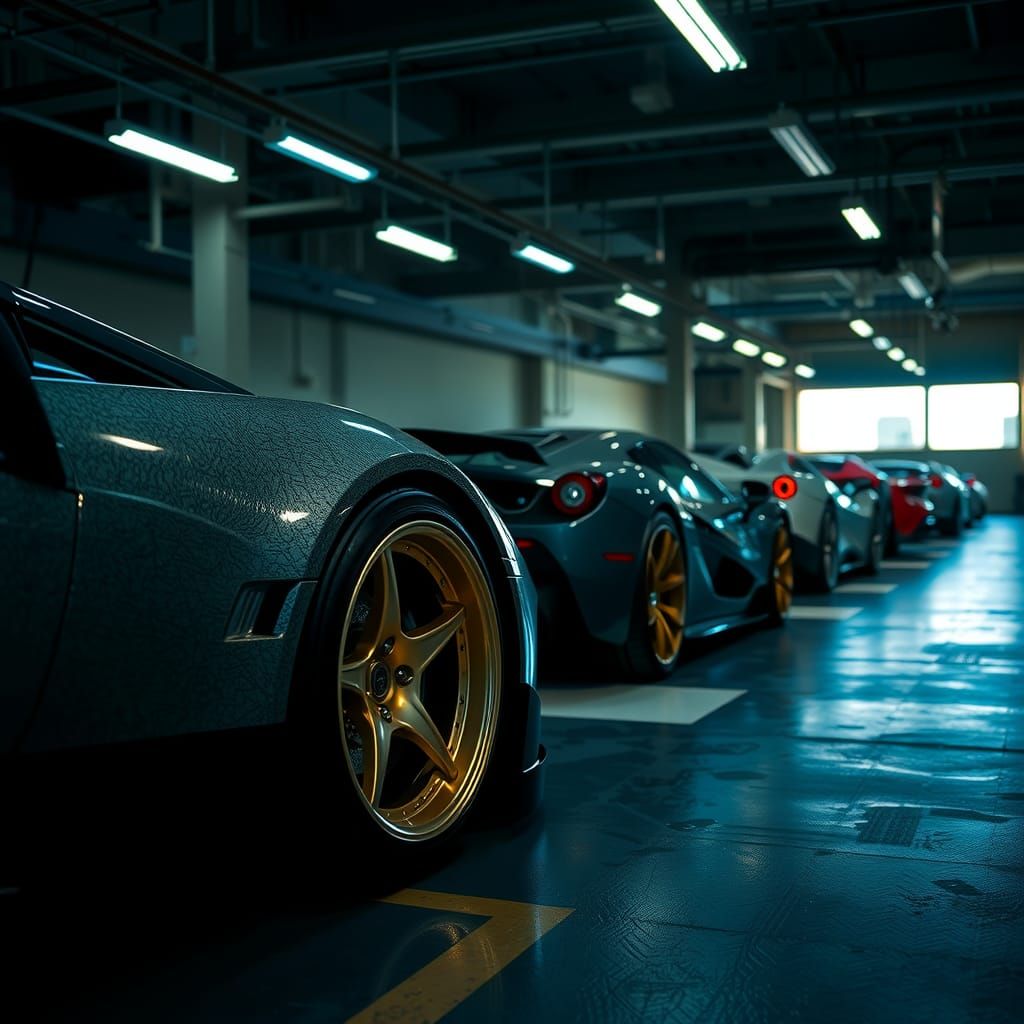 Supercars in Moody Garage: Hyperrealistic Automotive Art