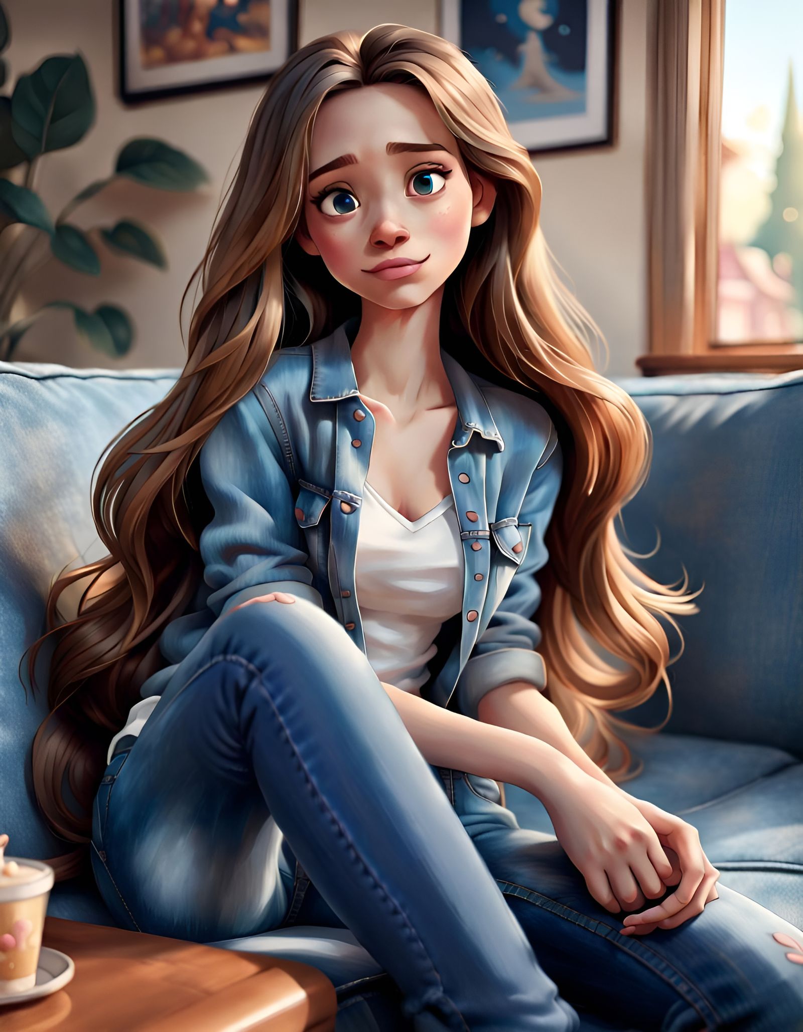 Woman on Couch in Cartoon Realism Style