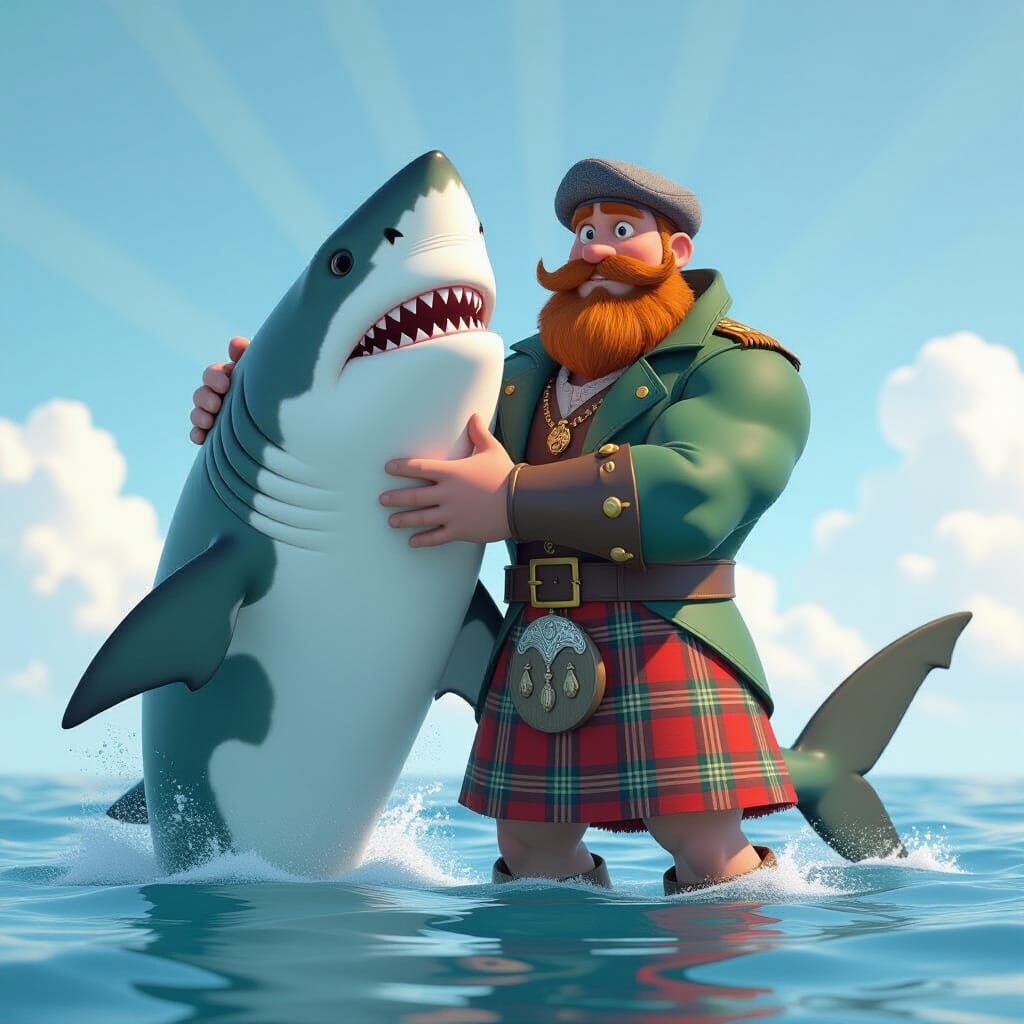 Muscular Scotsman and Great White Shark, Pixar Style