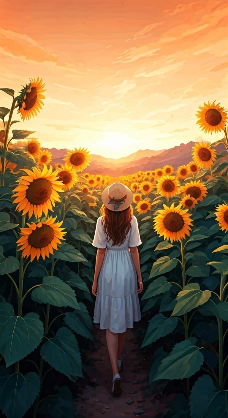 Surreal Sunflower Landscape in Warm Golden Light