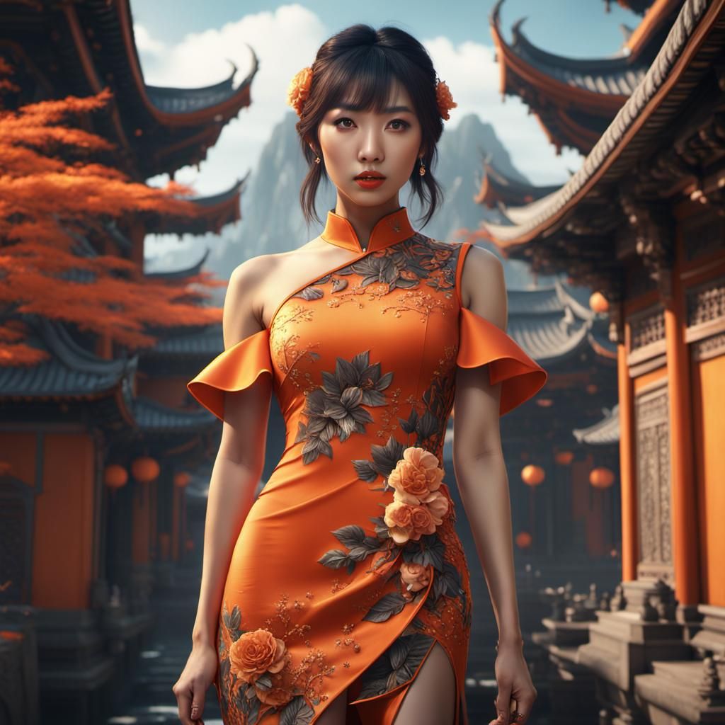 Beautiful Asian Girl in Orange Dress: Fantasy Art