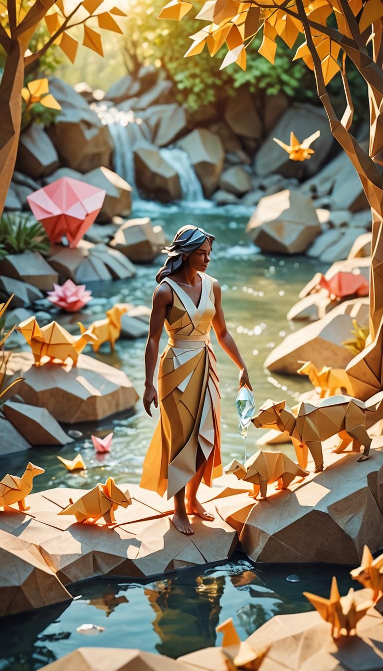Origami Cavewoman Gathering Water: Paper Art Illustration