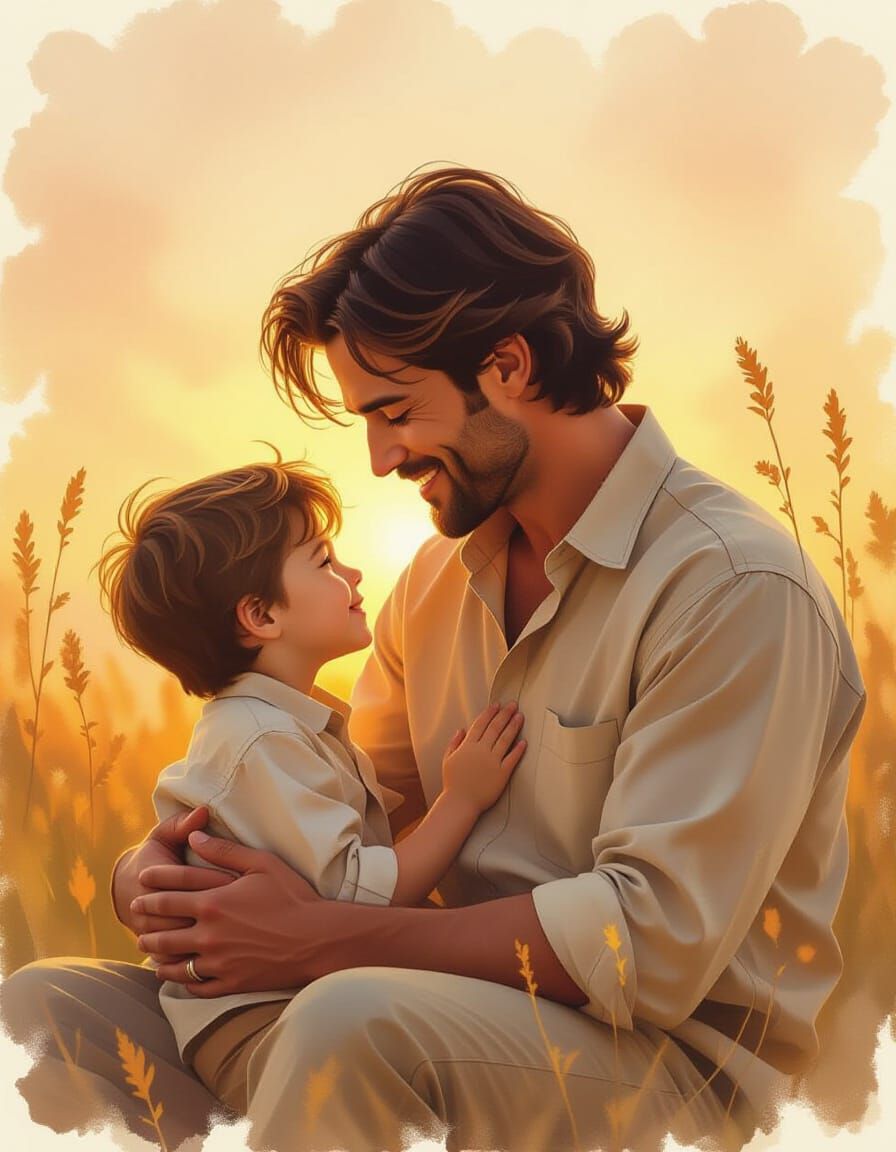 Loving Father and Son in Golden Hour Light