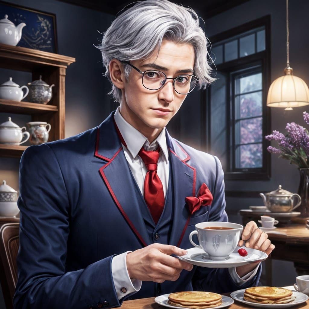 Anime Butler with Tea Set and Pancakes