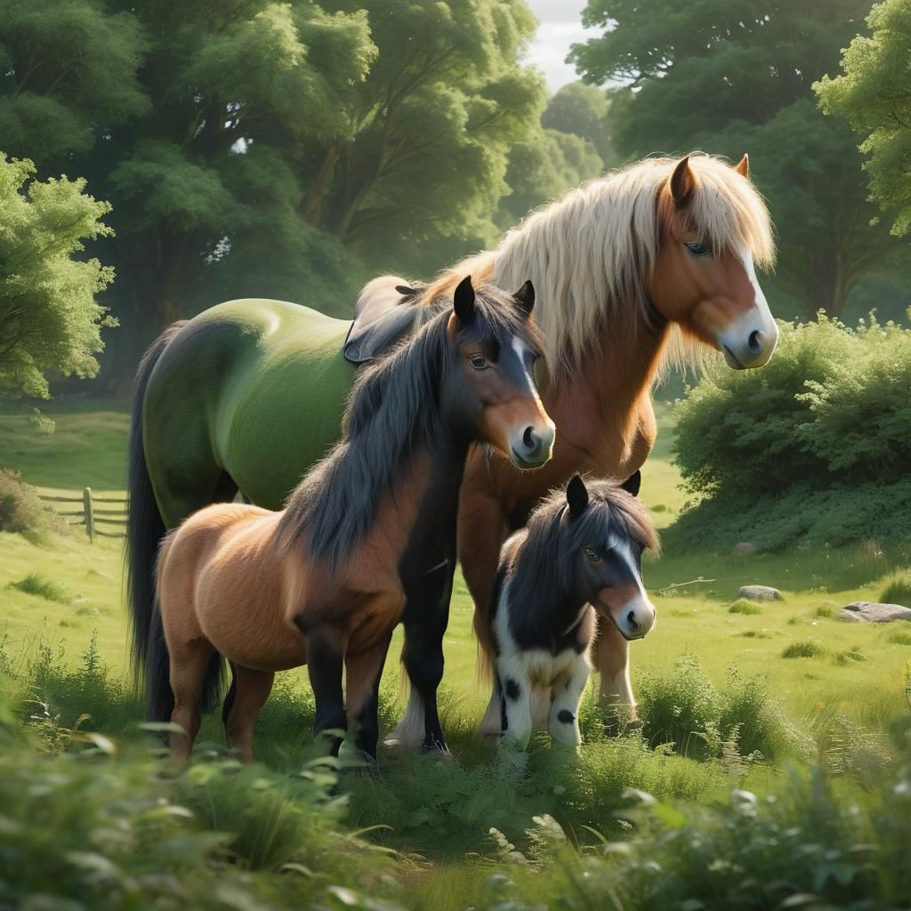 Hyperrealistic Shetland Pony and Shire Horse Portrait