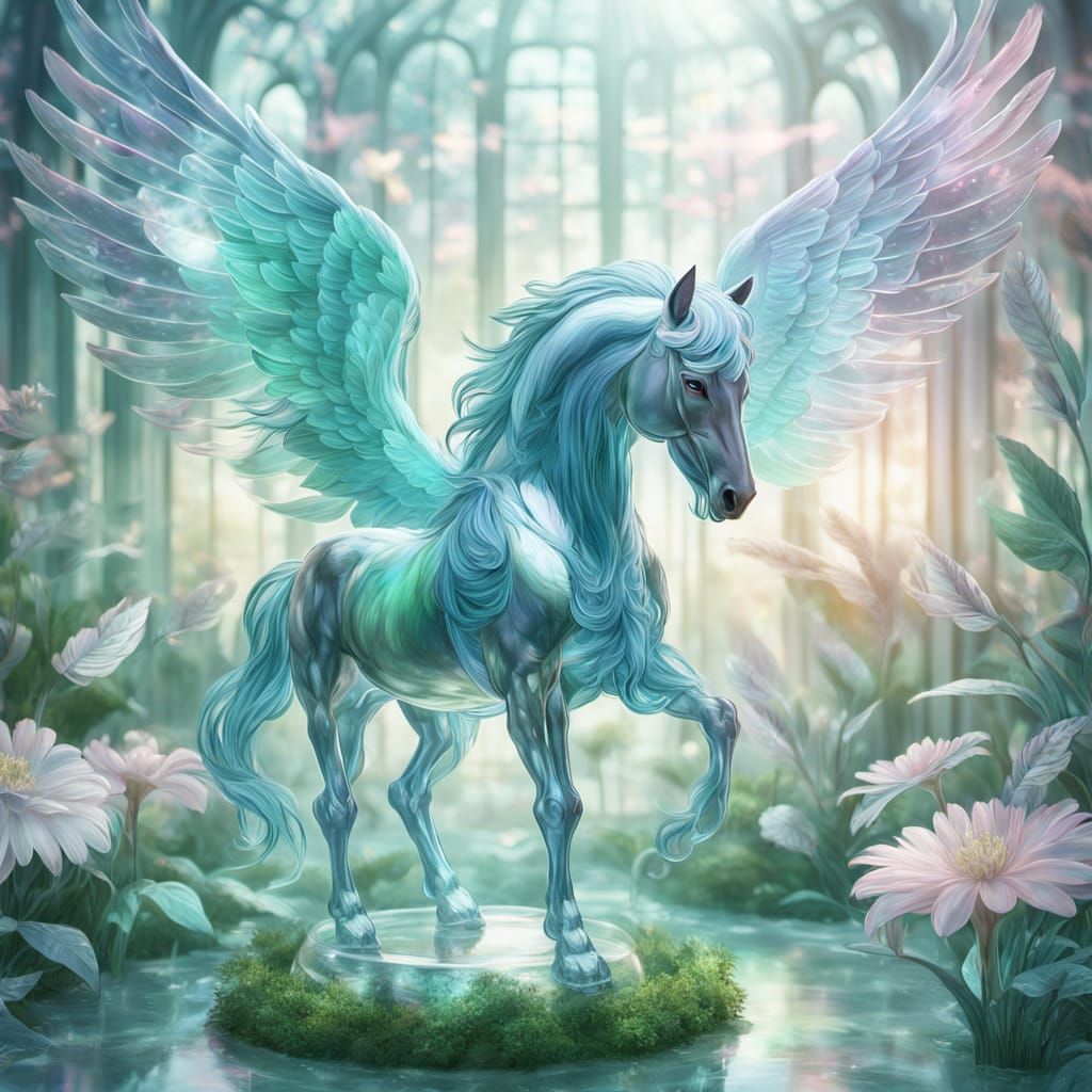 Pegasus in Shimmering Glass Garden: Mythical Concept Art