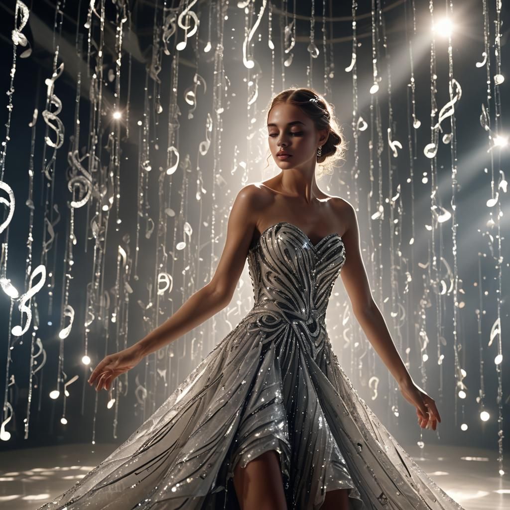 Model in Music Note Dress, Hyperrealistic 8k Photo