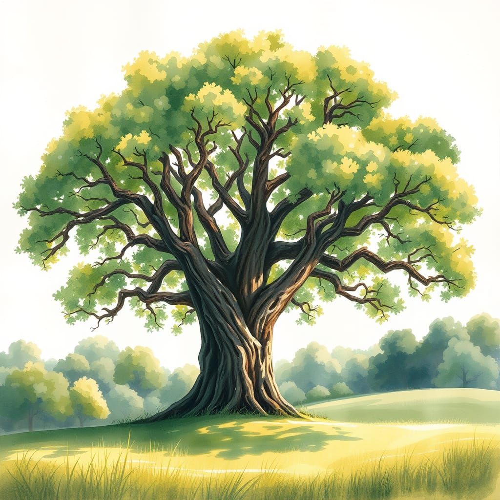 Whimsical Summer Oak in Dreamy Watercolor