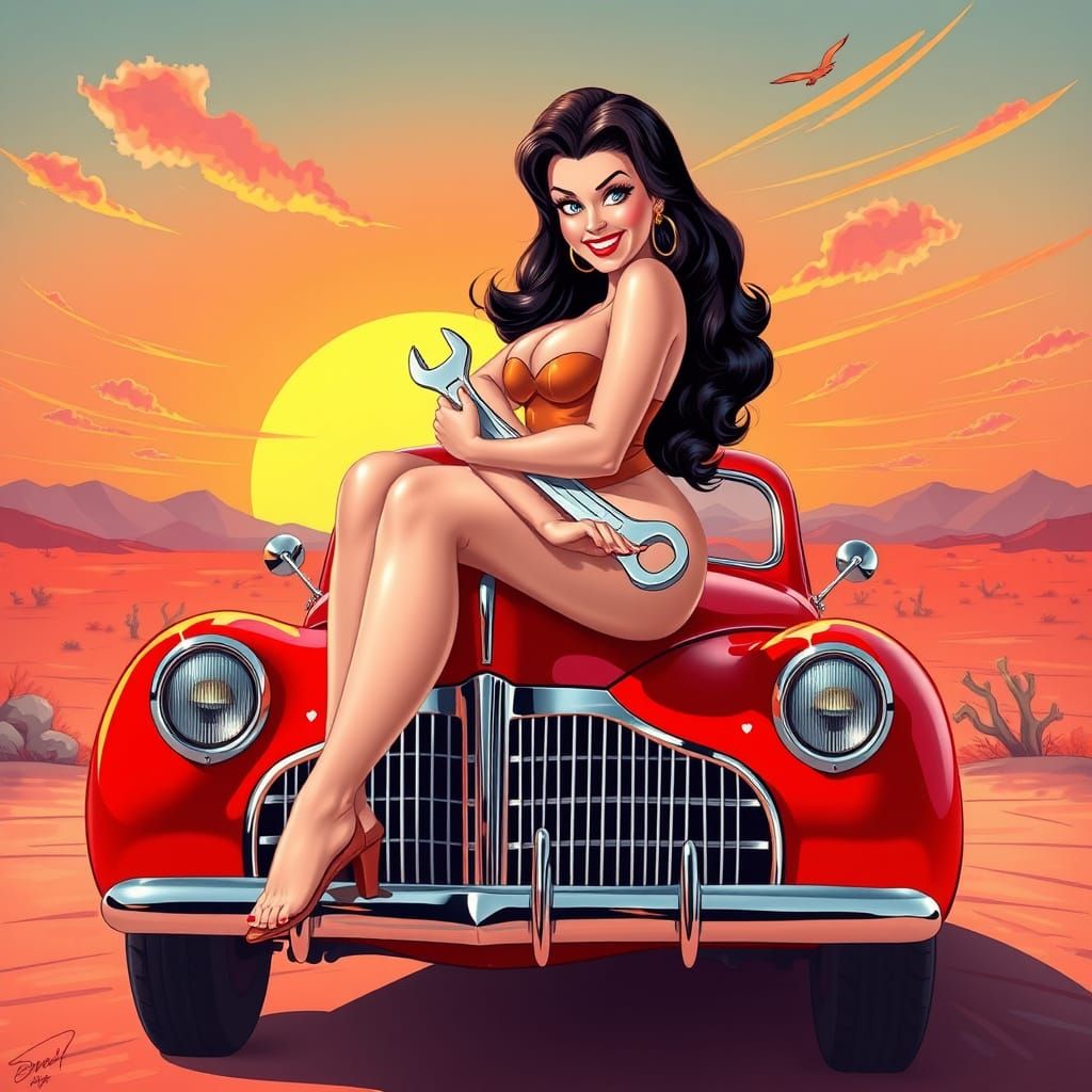 Vintage Pin-up Girl in Retro Hot Rod Scene
