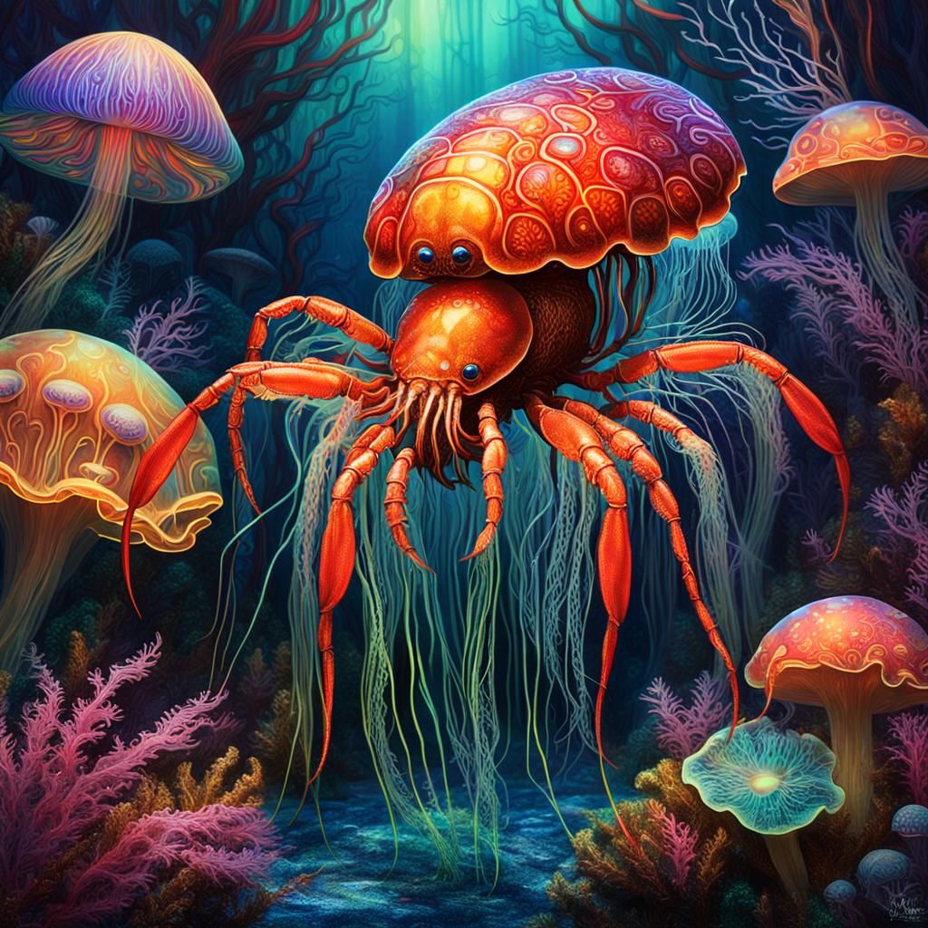 Art Deco Crawfish in Enchanted Ocean Forest