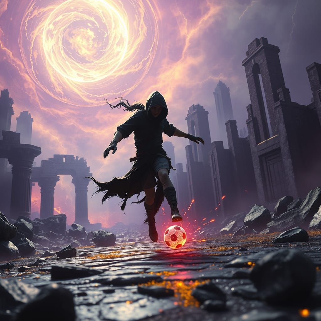 Ethereal Soccer Ball Kicked in Dark Fantasy Ruins