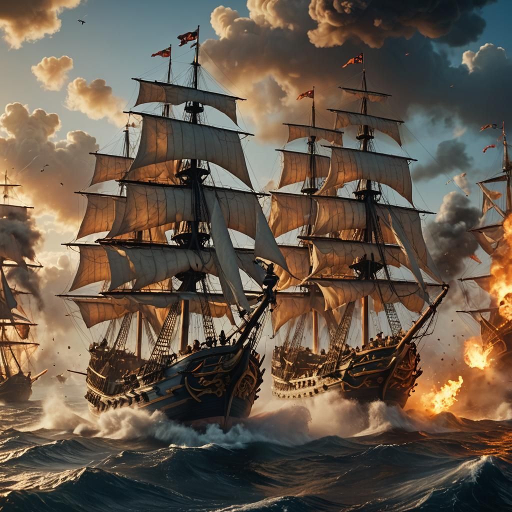 Epic Pirate Ship Battle Under Golden Light