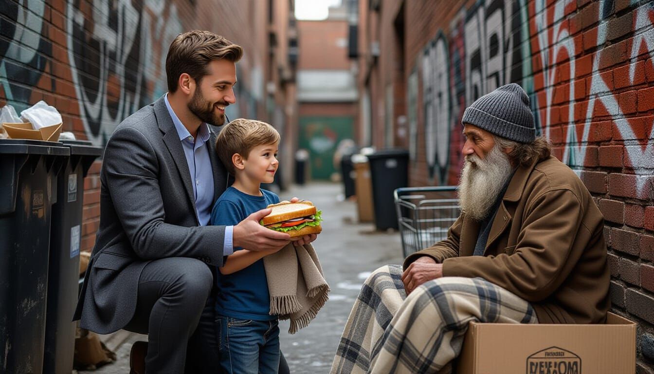 Man Offers Sandwich and Blanket to Homeless Man in Grimy All...