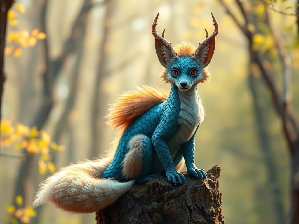 Dragon-Fox Hybrid in Spring Forest, Digital Art