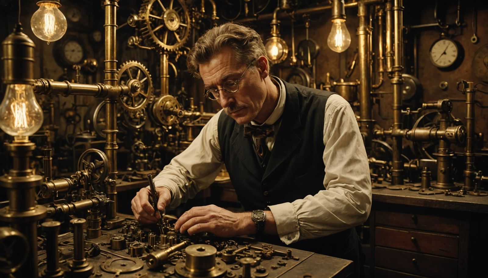 Steampunk Inventor Tinkers with Brass Contraption