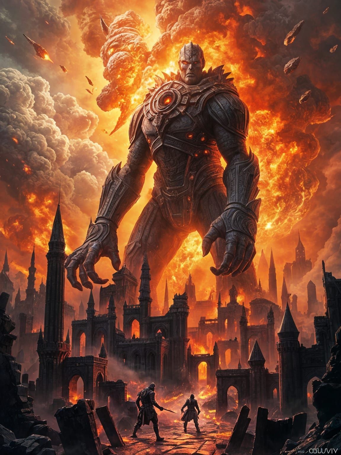 Colossus Destroys Ancient City in Dark Fantasy Setting