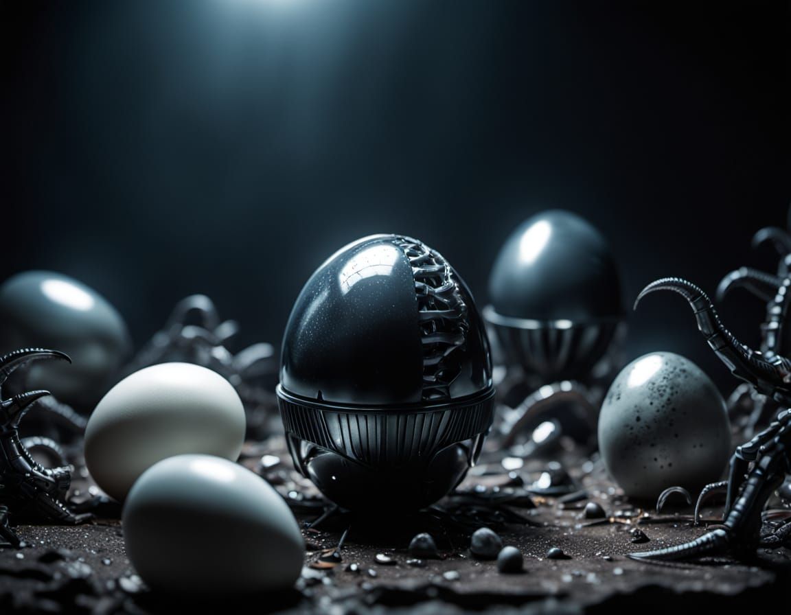 Surreal Xenomorph Egg Hatches in Dark, Eerie Chamber