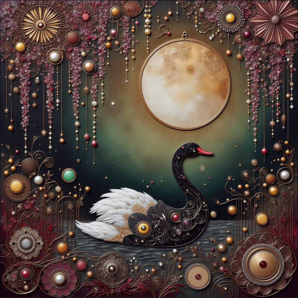 Ethereal Black and White Swan in Moonlit Landscape