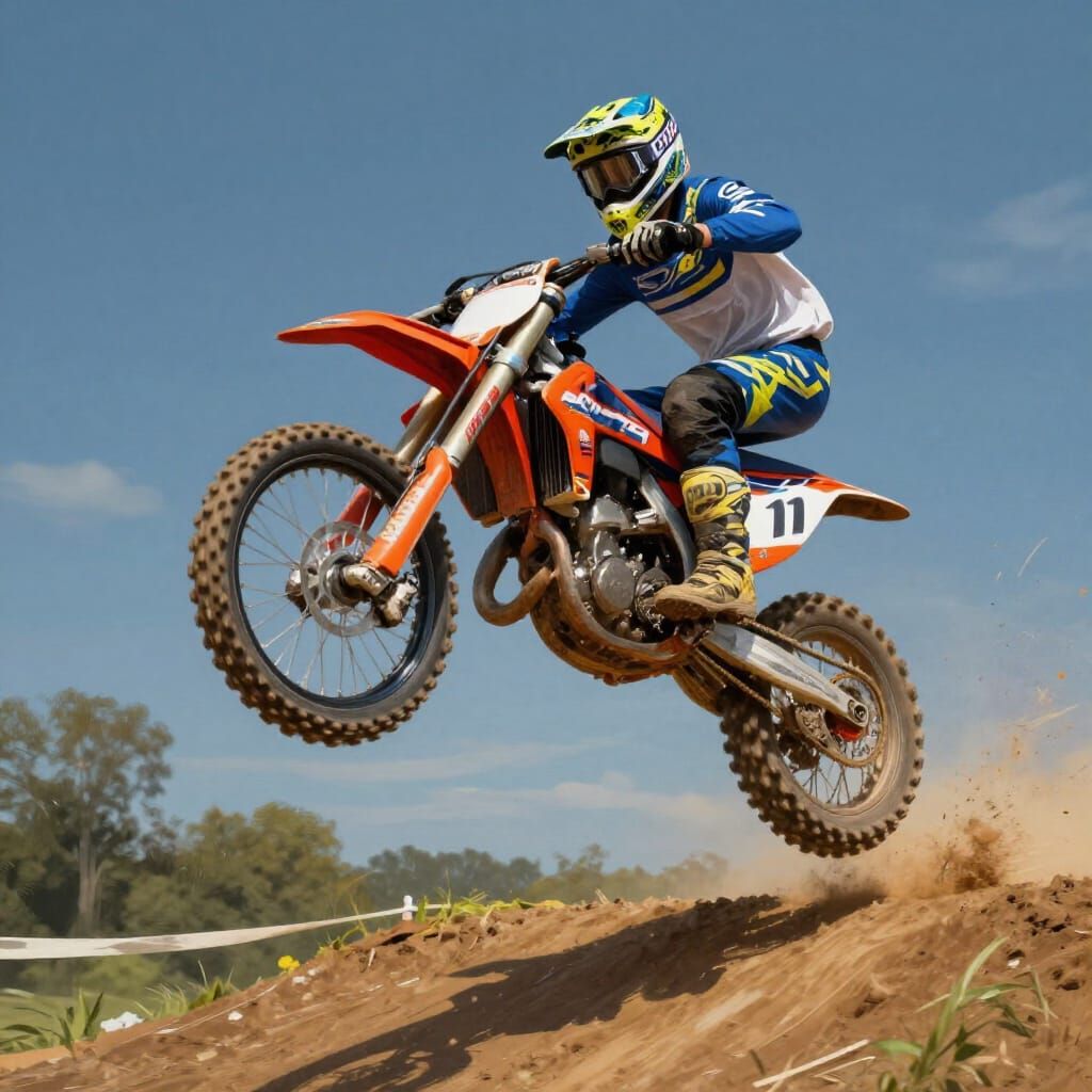 Motorcross Rider Jumps Ramp Standing on Seat in Digital Pain...