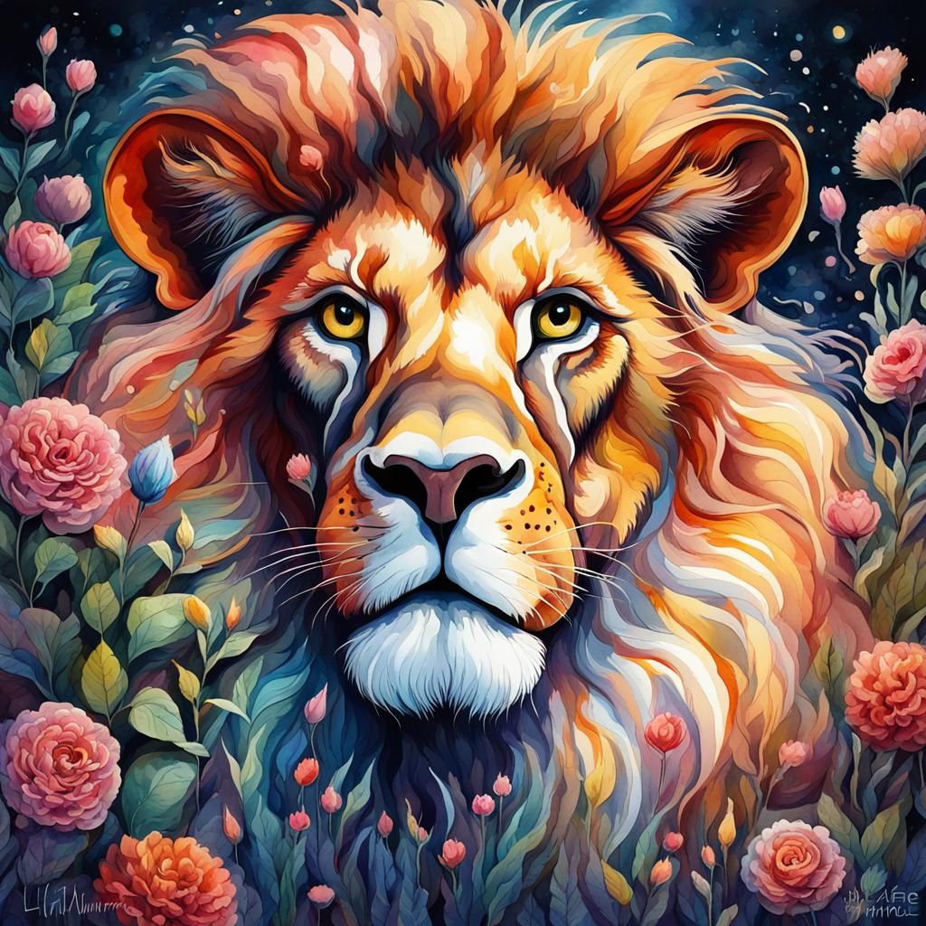 lion portrait with flowers