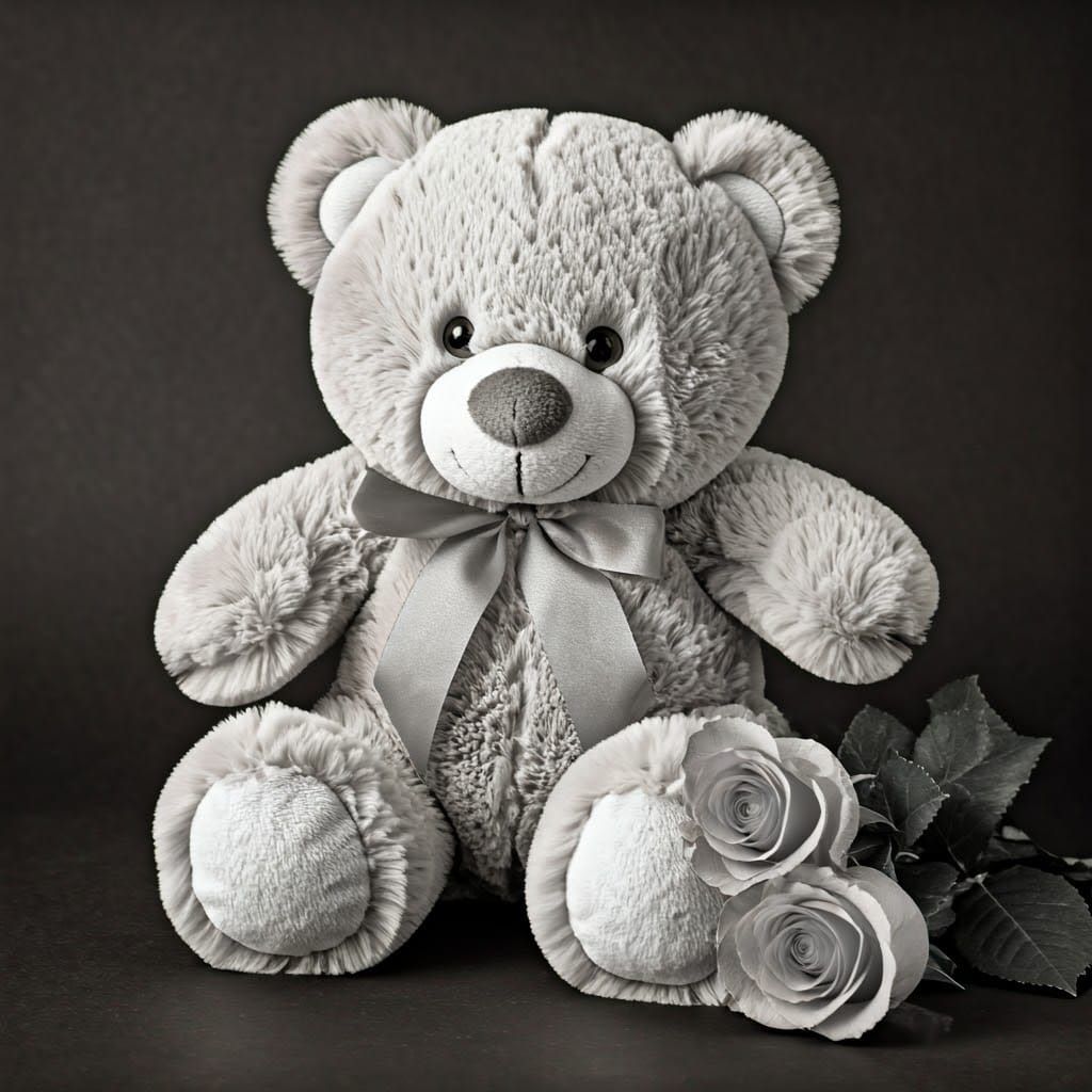 Vintage-Style Black and White Teddy Bear and Roses