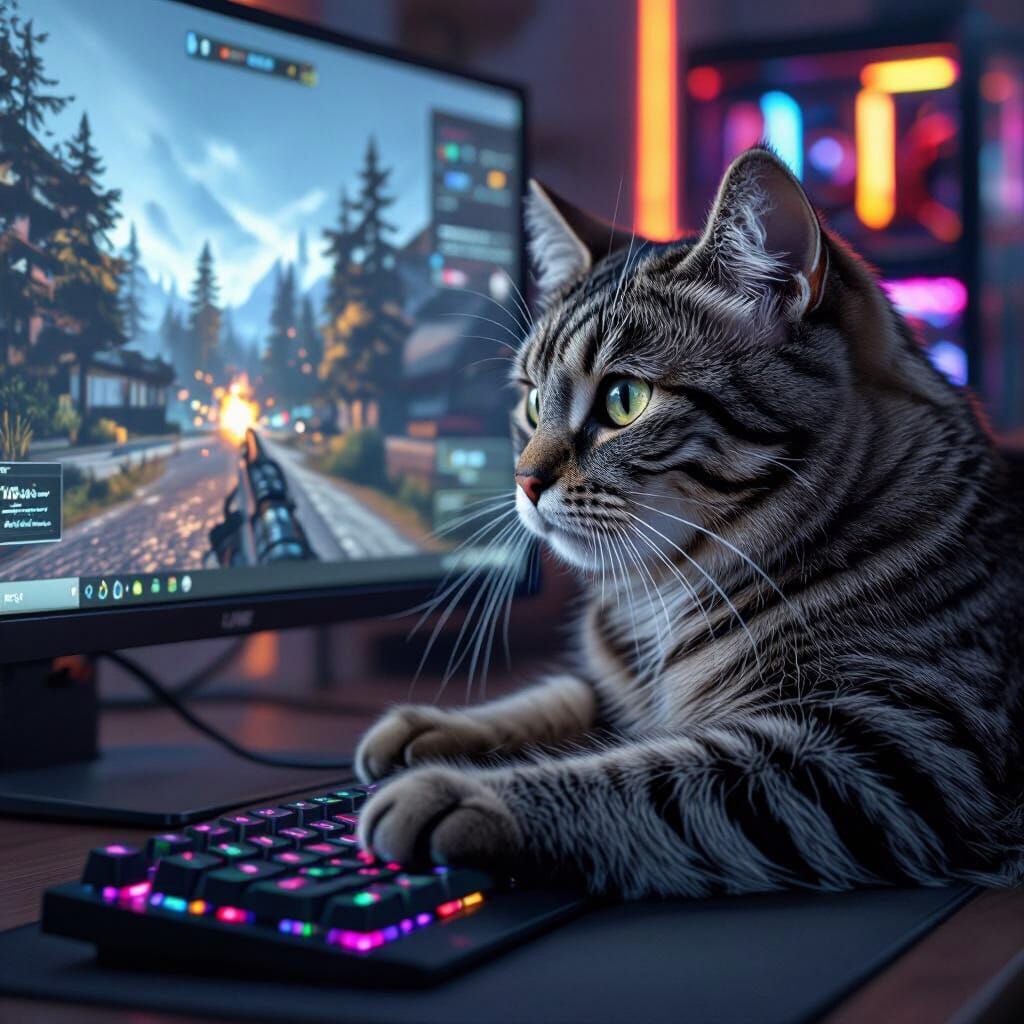 Grey Cat Plays Counter-Strike 2 With Embroidered Texture