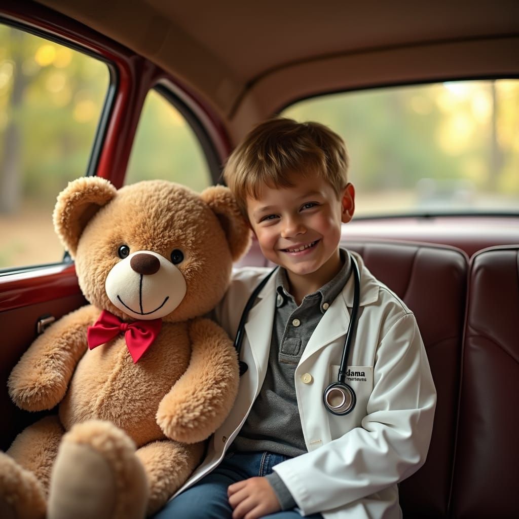 Smiling Boy Doctor in Vintage Car, Golden Hour Lighting
