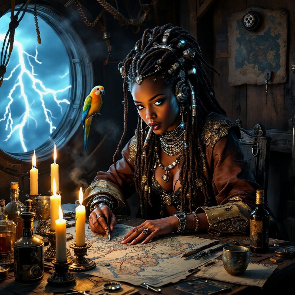 Cyber-Pirate Captain in Stormy Night Scene