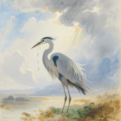 Melancholy Bird in Atmospheric Watercolor Landscape