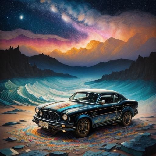 Whimsical Car in Surreal Landscape: Naive Baroque Painting