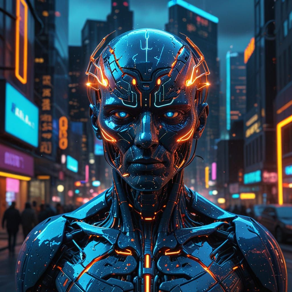 Human-Machine Merge in Cyberpunk Cityscape