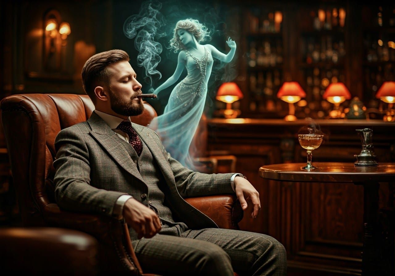 "a surreal steampunk-style image featuring a well-dressed gentleman in a Victorian-inspired suit, seated comfortably in ...