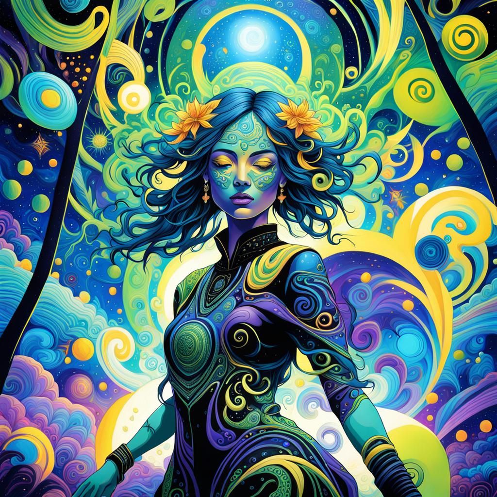 Amine rave girl green blue and yellow