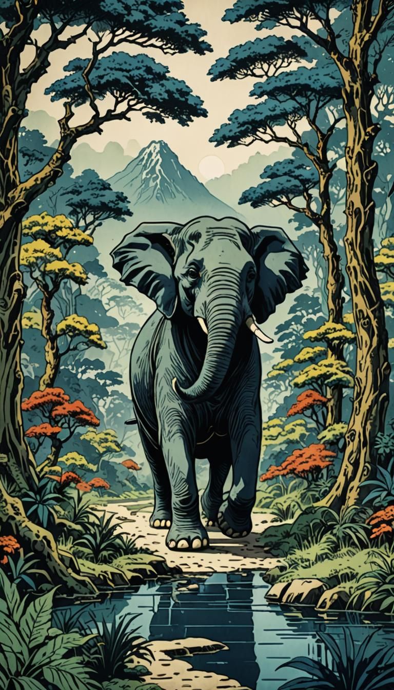 Elephant on Jungle Path: Hokusai-Inspired Woodcut