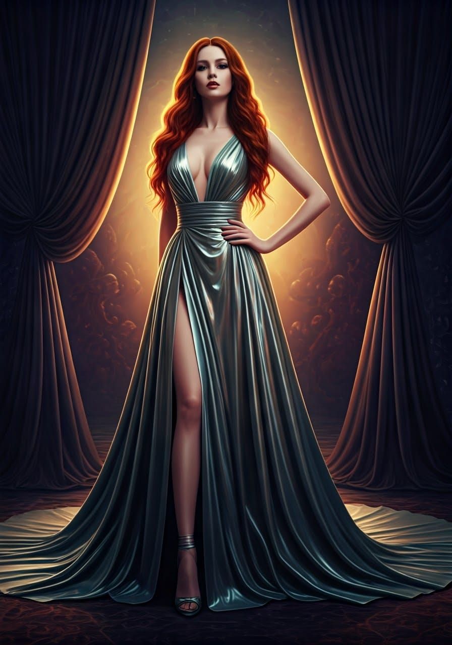 A slender woman stands confidently, draped in an alluring silver latex gown that shimmers under soft lighting. The fabri...
