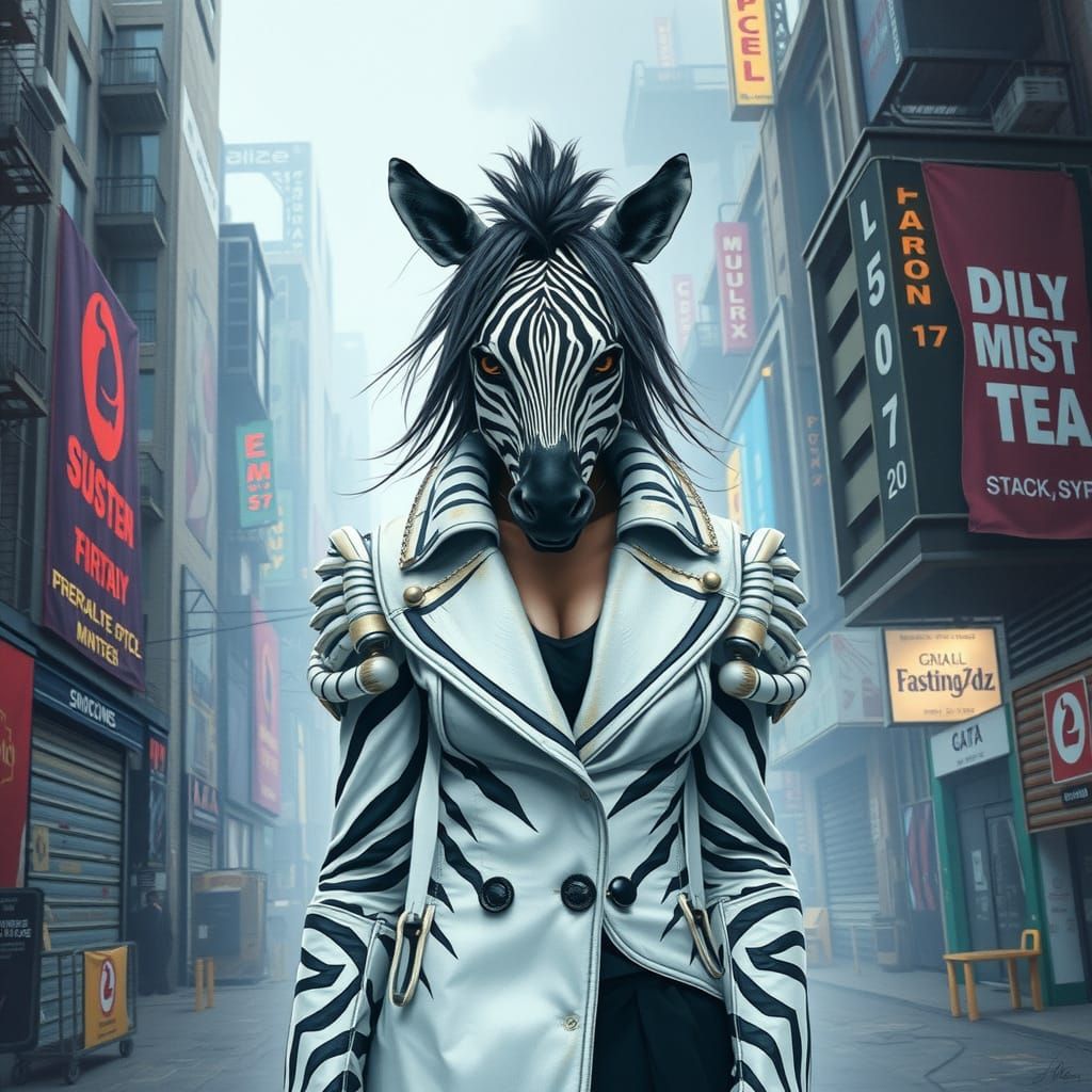 Gothic Zebra-Woman Hybrid in Post-Apocalyptic Metropolis