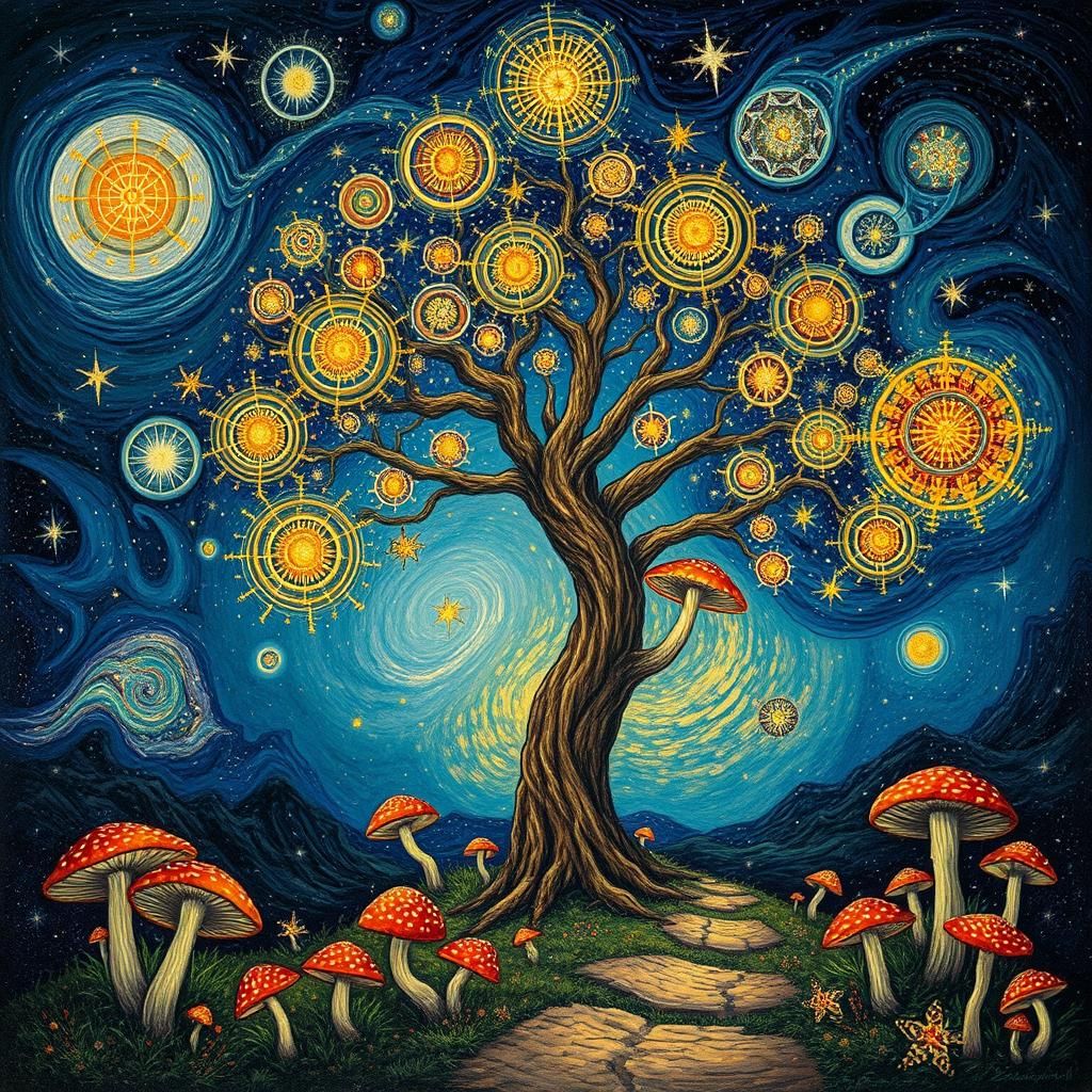 Cosmic Celestial Tree with Floral Path