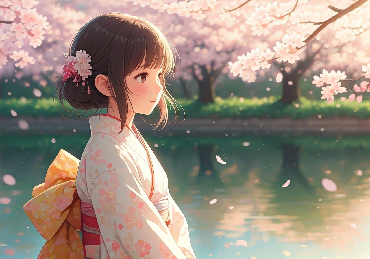 Anime Girl in Kimono by Cherry Blossom Lake