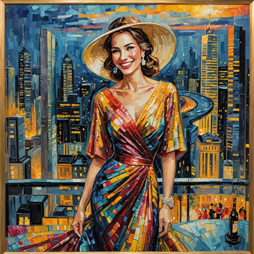 Elegant Woman at Rooftop Party in Expressionist Impasto Styl...