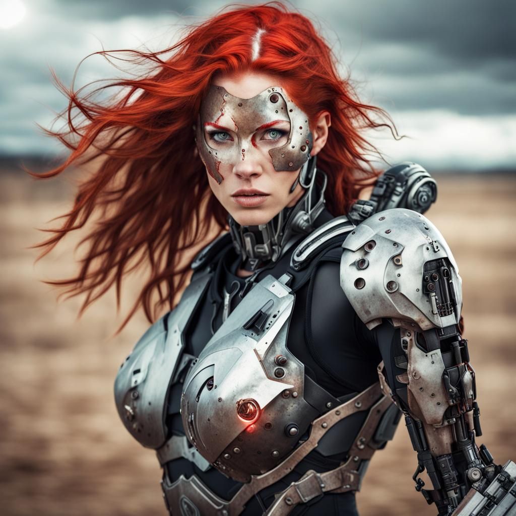 Cyborg Woman Battles on Battlefield